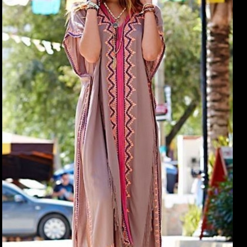 Spool No. 72 Kaftan Boho Beach Embroidered Fringe V Neck Open Sides Taupe OS